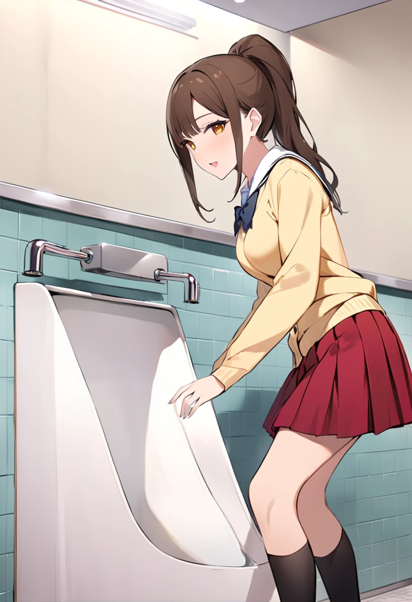 NSFW, (masterpiece, top quality, best quality, highly detailed:1.6), anatomically correct, (full body), wide shot, long shot, (woman standing facing the men's urinal:2.5), (school uniform, pastel colors cardigan,red Kilt skirt:2), (Public Toilet,woman standing in front of a men's urinal,woman standing and urinating:2.5), (long hair, dark brown hair, ponytail:1.5),colorful, perfect composition, large breasts, Yellow pee, natural makeup,