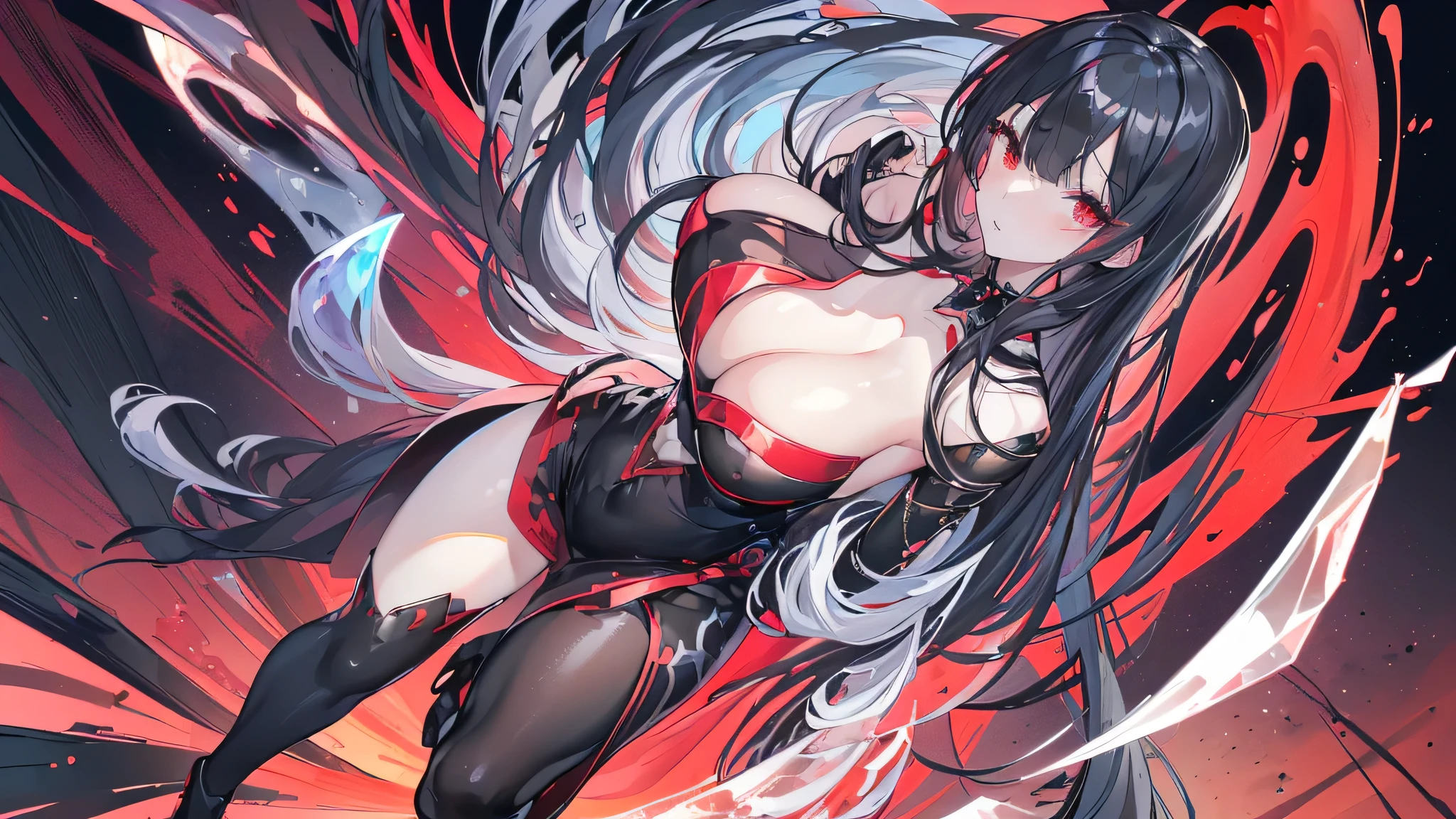 Exquisite eyes),(Clear and beautiful eyes:1.61),masterpiece, ung girl,(Black clothes and some red gems), Black long hair, (She has a huge red gem on her chest), Good Hand,((The Havoc of StarCraft)),full-body shot,Fighting Stance,(Red Eyes:1.466),short and small,(Very big breasts:1.35),(Pretty Face),(full-body shot:1.33),Beautiful hands