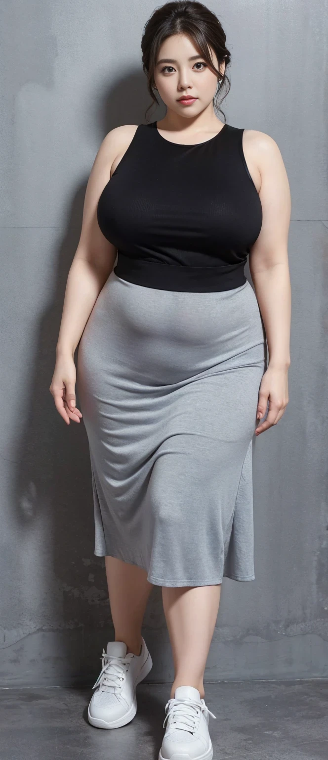 Chubby woman with fat belly and tight thighs, full body, 50-year-old mature woman, thick hips, thick neck, thick chest, big eyes, wearing a longest dress, wearing a sneakers 