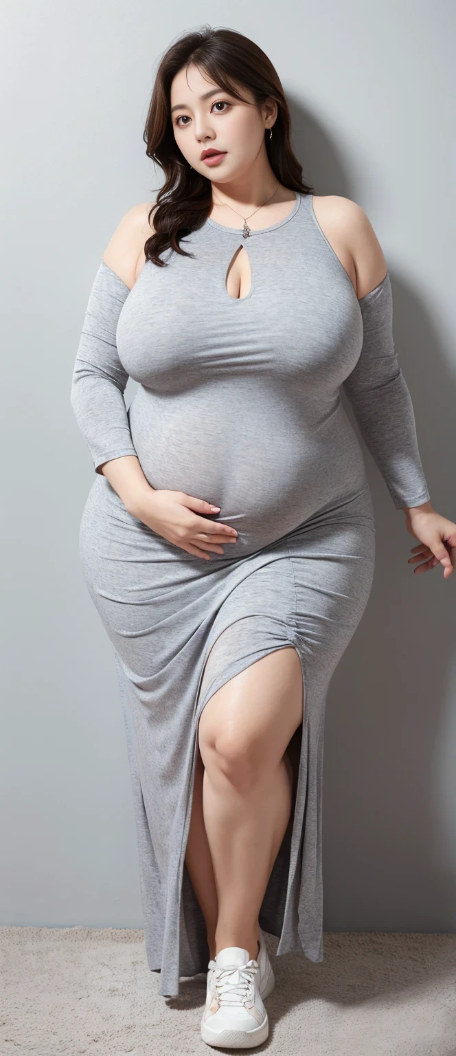 Chubby woman with fat belly and tight thighs, full body, 50-year-old mature woman, thick hips, thick neck, thick chest, big eyes, wearing a longest dress, wearing a sneakers 