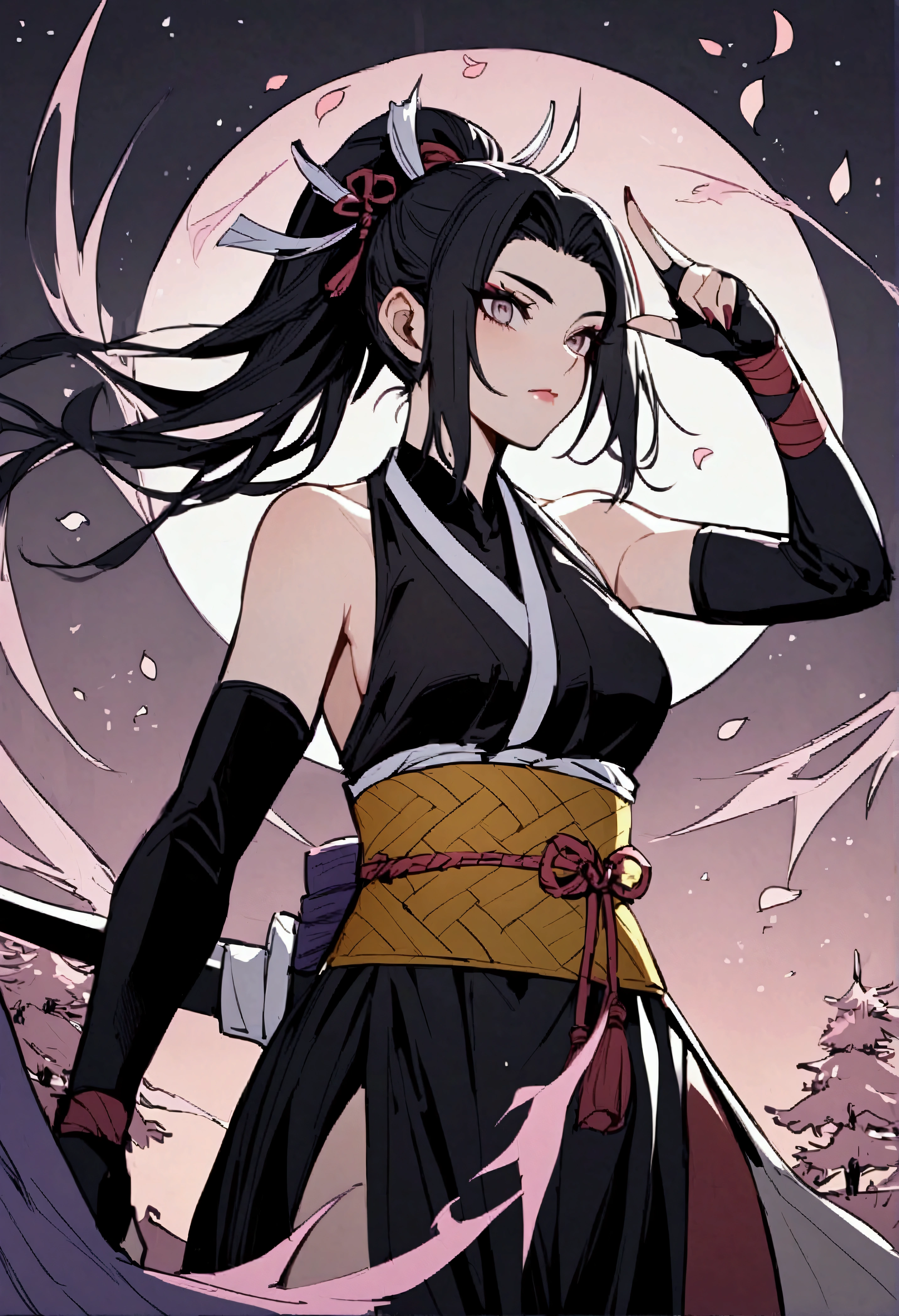 individual,masterpiece, Best quality, Super exquisite original painting, masterpiece, high quality, High Detail,Game character portraits,Black hair ponytail,Shiranui(To the devil),Ninja,Long legs,Thin waist,