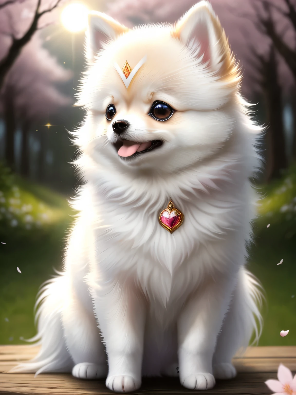 cute pomeranian puppy closeup, soft fluffy white fur, in a beautiful forest, (kinesiology:1.2), highly detailed (artstation:1.3), cute, moonlit night, cherry blossoms, smiling, open mouth, high resolution, bright smile, sparkling eyes, glitter effects