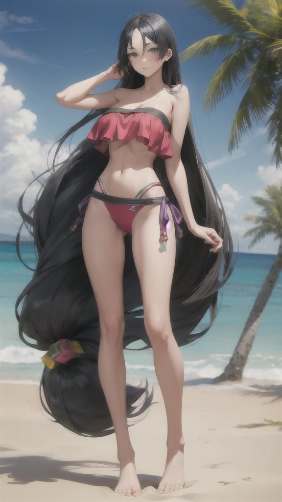 Black long straight hair, busty beautiful woman,slim figure,Bikini,Bare Legs,barefoot,Sunlight,beach