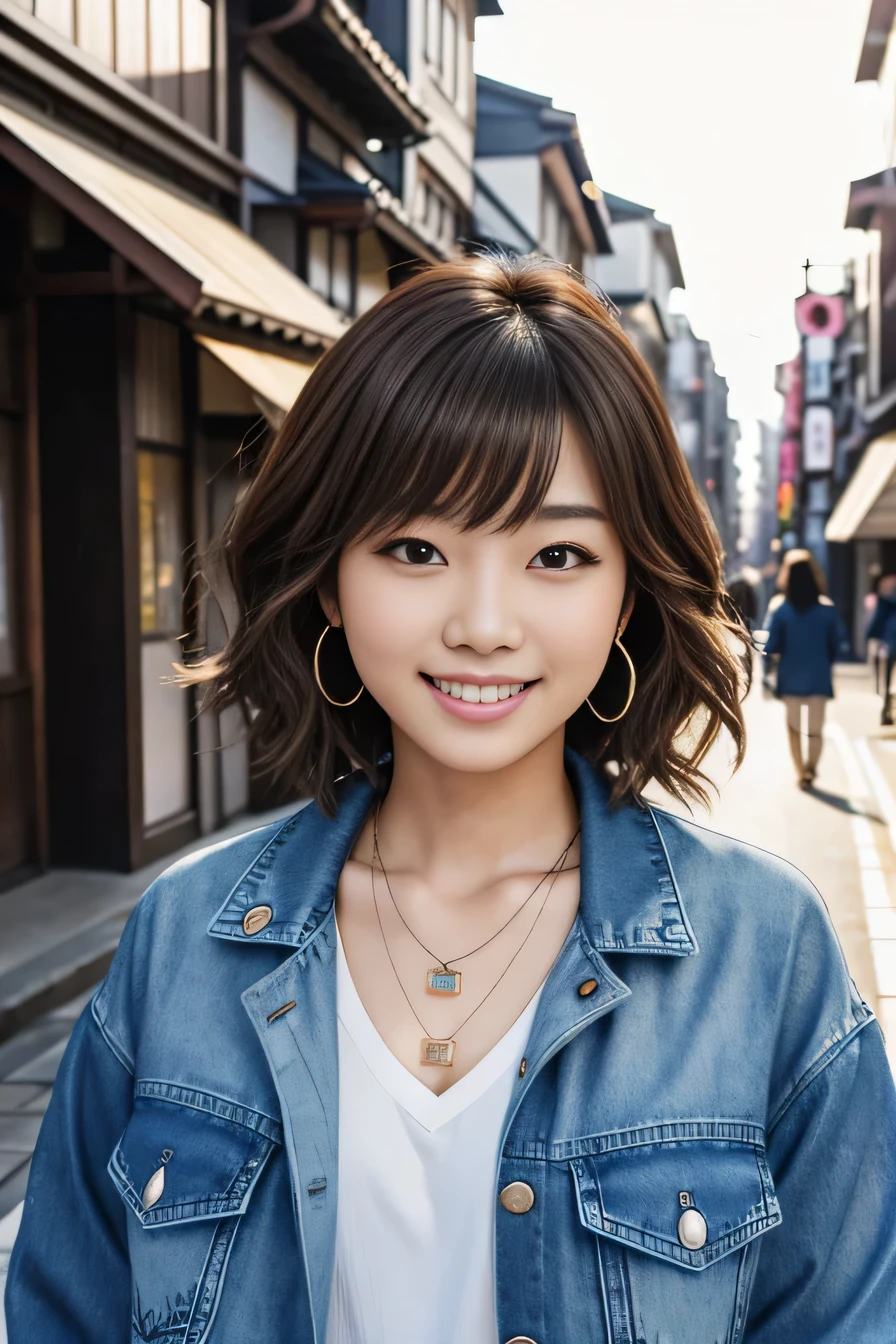 Super Resolution、Beautiful Japanese Women、、short hair、、Wavy Hair、Light brown hair、、ear piercing、necklace、Denim jacket、shirt、smile、Beautiful teeth alignment、The background is the street, task progress 70%%
