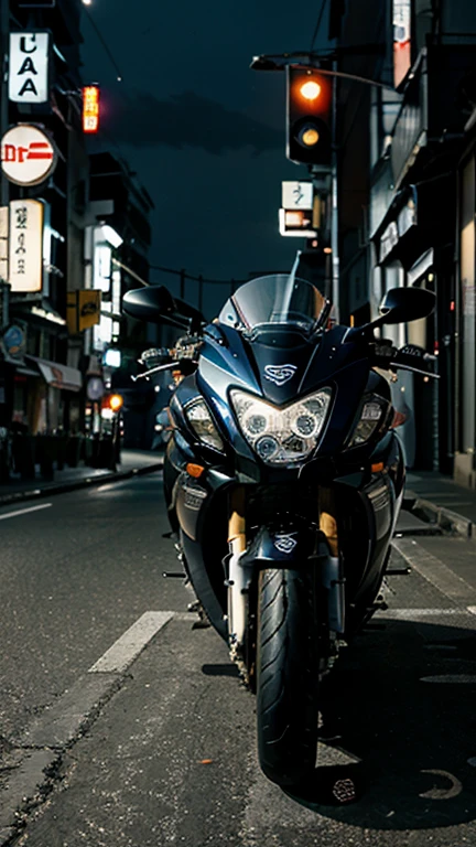 Suzuki Hayabusa 1300RR robust like the old ones, Man's motorcycle with neon lights. futuristic Japanese style strolling through the city