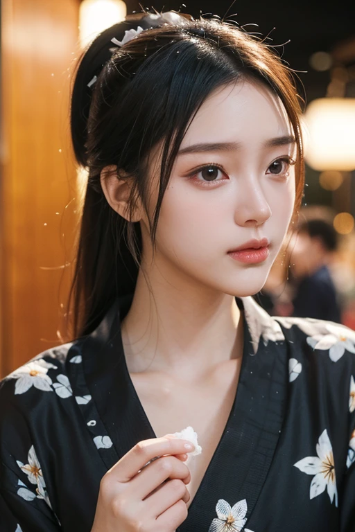 (20 year old beautiful girl),solo, masterpiece, High resolution, High detail, Highest quality, Very detailed, Ultra high definition, Textured skin, , Cinematic light effects, ((realism)), ((Surrealism)),8k octane, ((Natural Makeup)),Portrait Photography, Black Hair,((yukata,festival,Buying and eating,Eat shaved ice)),ponytail, Aperture value F1.8, (Daylight),