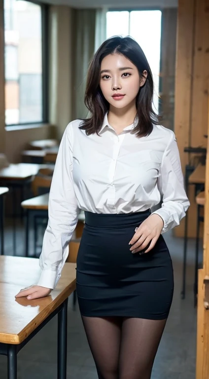 ulzzang-6500-v1.1, (RAW Photos:1.2), (Realistic), Beautiful detailed girl, (Genuine: 1.4), (masterpiece), (Mastepiece), Cinema Lighting, Shadow, digital official art, Ultra high definition body, Ultra detailed hair, Highly detailed face, 1 girl, alone,whole body,short hair, Black Hair, Iris, Red lips,Perfect Face, Perfect Eyes, Big droopy eyes are cute、 ((Narrow waist)),((very muscular and thick Thighs)),(Thighs gap),Navy Blue Blazer, (White shirt), Very short pencil skirt, Ultra-realistic pantyhose, Black high heels, Thighs, indoor, classroom, blackboard, In front of the blackboard,((Are standing)),window, Day, (whole bodyショット:1.16)