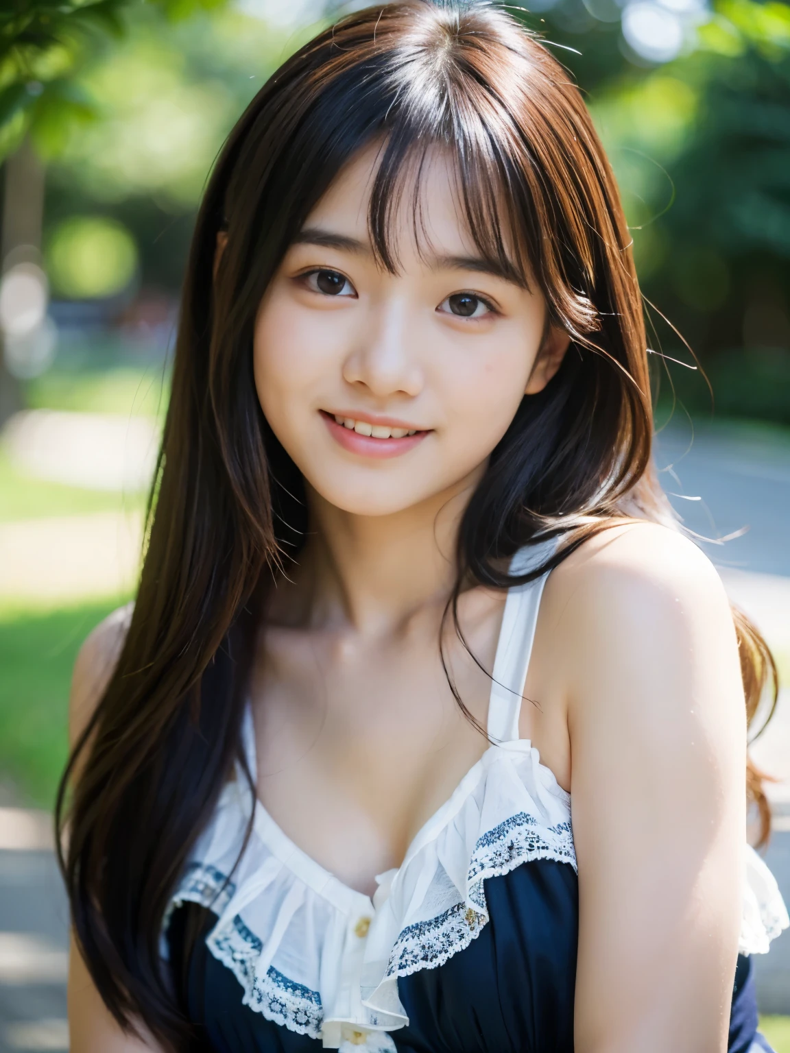 (Best-quality, Masterpiece, Ultra-High-Resolution, (Photorealistic:1.4), Raw Photo, depth of field, professional lighting), (1girl, the most famous -yeld Japse-idol, innocent smile), (wearing summer-clothes), ((extremely cute and extremely realistic face like the most popular Japanese-idol)), (((extremely cute and extremely big black-eyes))), (((extremely beautiful and extremely realistic skins)))