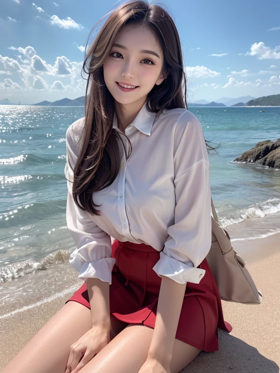 Realistic, Photogenic, With the sea in the background, Wearing uniform, Top button of the shirt is undone, The chest is slightly exposed, the skirt is short,、Slightly above the thighs, Mid-length hair, Hair color is a blend of blonde and brown, Hair blowing in the wind, My hair is messy and disheveled, Severely sunburned skin, Slender figure, Skinny Chest, Bold, bright makeup, Small Mouth, Small Nose, Smooth jawline, Glossy face, Cheeks stained red, Open mouth and big smile, Making someone feel comfortable, Detailed eyes, Oblique eyebrows, Detailed lips, Close-up photography, photoRealistic, Very detailed, 8k, Highest quality, masterpiece, Vibrant colors, Dramatic lighting, Structure of the film, Digital Art