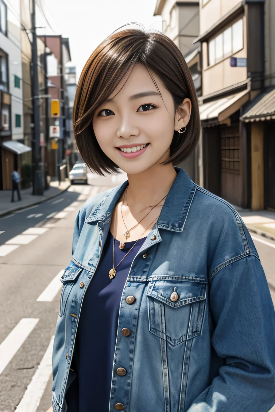 
Super Resolution、Beautiful Japanese Women、、short hair、Light brown hair、、ear piercing、necklace、Denim jacket、shirt、smile、Beautiful teeth alignment、The background is the street, task progress 70%%
