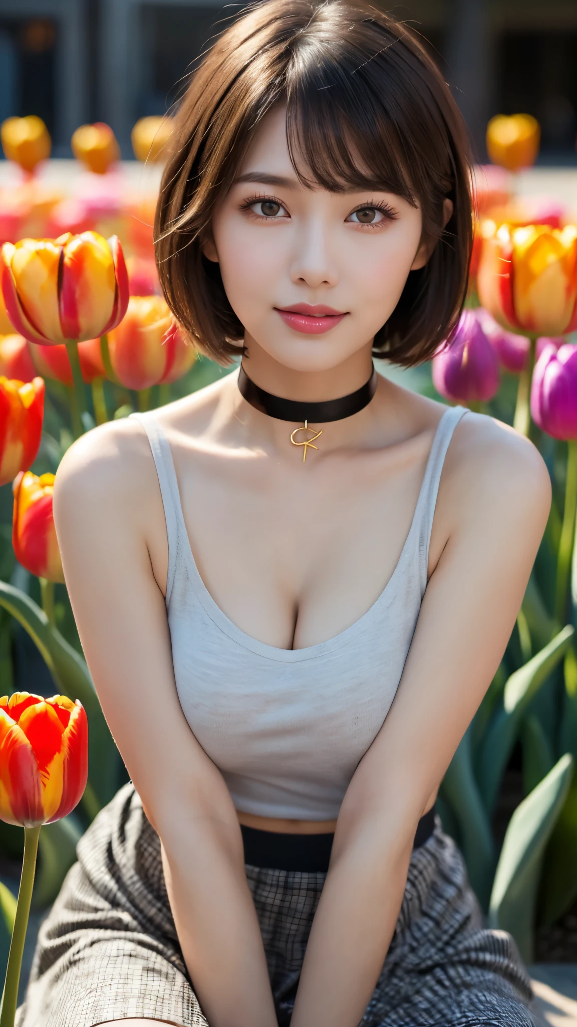(photorealistic, 32k, RAW photo, best quality: 1.5), (masterpiece:1.3), (absurdres, attractive, ultra high resolution, ultra realistic, highly detailed, golden ratio, ultra detailed, super  beautiful detailed face), natural makeup, detailed cloth texture, detailed hair texture, beautiful detailed fullbody, Perfect female body, accurate, Anatomically correct, Highly detailed face and skin texture, (beautiful hands), (realistic skin), (beautiful pale skin:1.1),  (Perfect dynamic composition, looking at viewer:1.3), (full body shot:1.3),  ((Tank top, Tulip skirt, Choker, pin:1.4)), 
BREAK, 
realistic eyes, beautiful detailed eyes, symmetric eyes, Light Brown eyes, Double eyelids, Thin eyebrows, (Glossy lips:1.4), ((A face with waiting for a kiss, Shy Smile:1.2)), (blush:1.1), 
BREAK, 
((short hair, bob, Dark blonde hair, bangs:1.2))