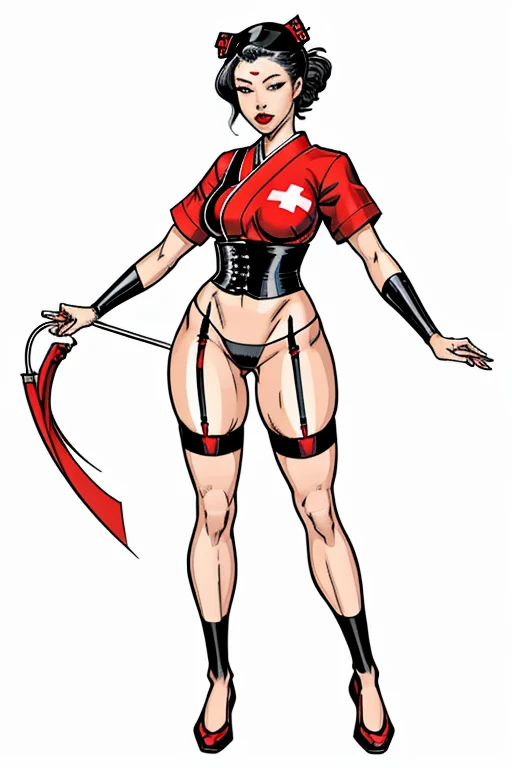 Woman,ninja nurse,geisha,garter belt, full body vision, with competitors, white background