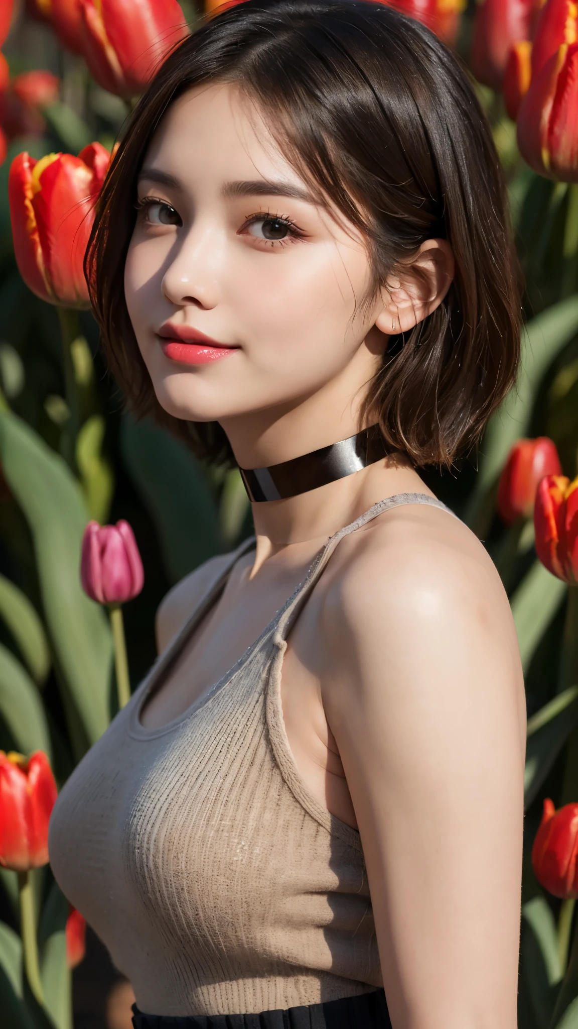 (photorealistic, 32k, RAW photo, best quality: 1.5), (masterpiece:1.3), (absurdres, attractive, ultra high resolution, ultra realistic, highly detailed, golden ratio, ultra detailed, super fucking beautiful detailed face), natural makeup, detailed cloth texture, detailed hair texture, beautiful detailed fullbody, Perfect female body, accurate, Anatomically correct, Highly detailed face and skin texture, (beautiful hands), (realistic skin), (beautiful pale skin:1.1),  (Perfect dynamic composition, looking at viewer:1.3), (full body shot:1.3),  ((Tank top, Tulip skirt, Choker, pin:1.4)), 
BREAK, 
realistic eyes, beautiful detailed eyes, symmetric eyes, Light Brown eyes, Double eyelids, Thin eyebrows, (Glossy lips:1.4), ((A face with waiting for a kiss, Shy Smile:1.2)), (blush:1.1), 
BREAK, 
((short hair, bob, Dark blonde hair, bangs:1.2))