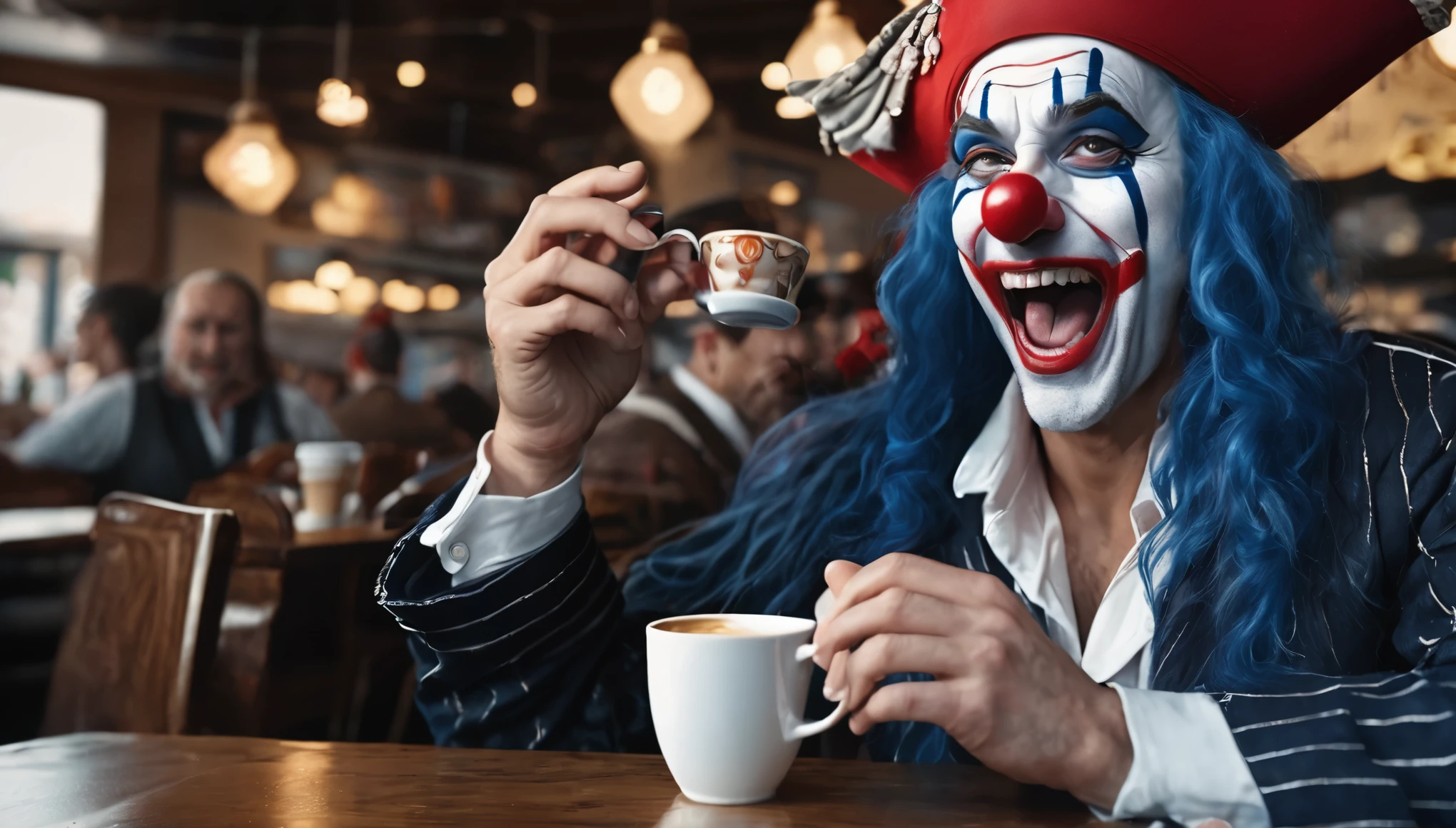 masterpiece, best quality, extremely detailed, hyperrealistic, photorealistic, a cool 40s man, ultra detailed face, clown makeup, red pirate hat, white skin, red nose, blue long hair, in luxurious cafe, sitting at table with a coffee cup:1.2, perfect hands, perfect fingers, laughing, eye closed