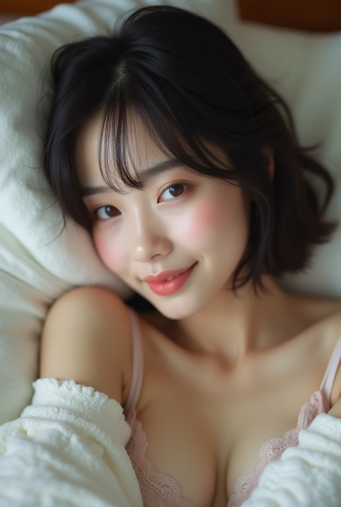 Highest quality, Face Focus, Soft Light, Ultra-high resolution, (Realistic:1.4), RAW Photos, 1 Japan, alone, cute, (A shy smile:0.5), (Brown eyes, Light in your eyes), Beautiful face in every detail, (Small box),(High resolution detail of human skin texture), (Short Bob Hair), Sleeping posture, On the bed,lingerie, 