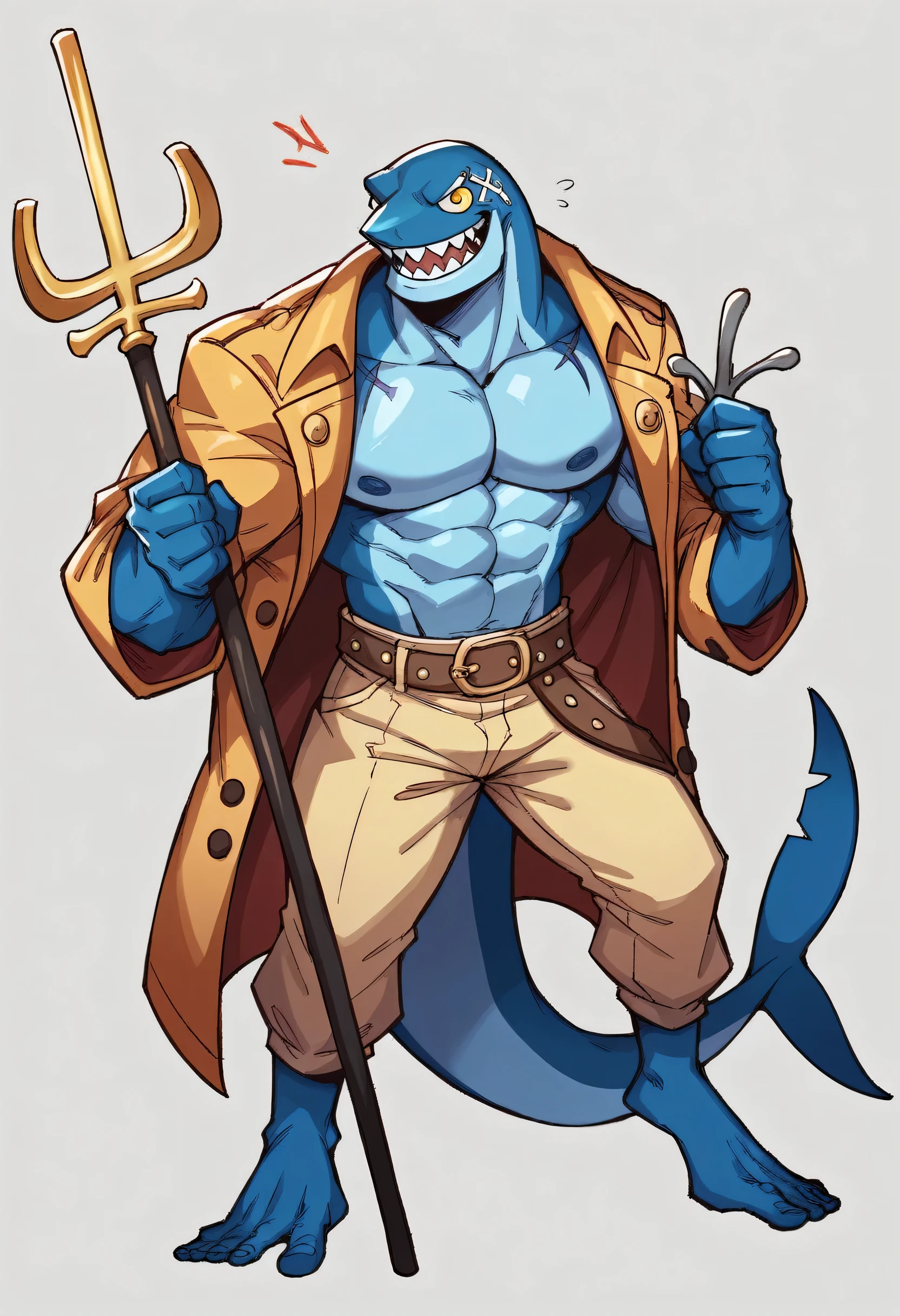 "Raijin Sea-Stork, a muscular shark-type male Fishman from One Piece, with dark blue scales and golden eyes. He has a trident-shaped scar on his right shoulder., Wielding a long, ragged pirate coat with a discarded marine insignia on his belt. Exudes a chaotic, free-spirited aura., embodying strength and compassion, ready for high seas adventure."