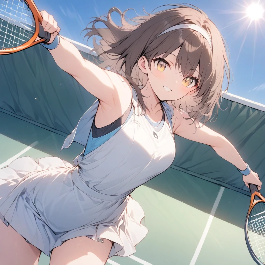 One woman,Tennis Player,Holding the ball with her left hand,Holding a racket in your right hand,Swinging the racket,Pose of the serve,Best shot A woman is wearing tennis wear,mini skirt,Look this way,smile,Blowing in the Wind ((Yellow Eyes,Brown Hair)),Putting on a headband Overall image　Tennis court,sun,sunlight