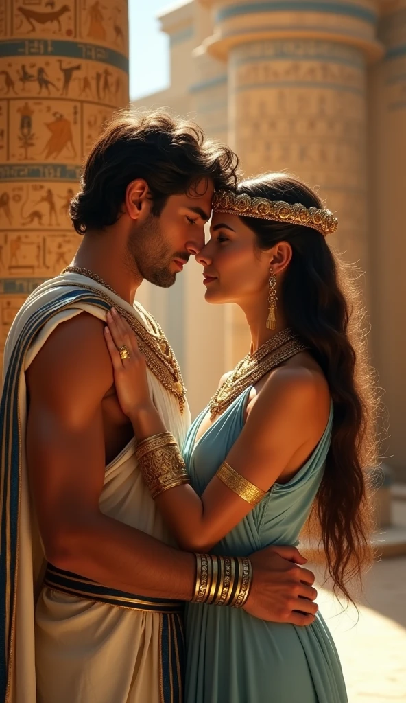 Front view , Full-body, standing pose, hug each other, in a ancient Egyptian palace , looking at viewer, noon ,((1 man and 1 girl is existence )), (1 man and 1 girl couple is love ), (1man name is Antonius , a male is 41 years old, handsome),( wave perm , brown hair , serious), normal body, ((An ancient Roman emperor wearing traditional imperial attire, Including a toga praetexta with blue borders, Laurel wreath)), (1 woman name is Cleopatra queen 7 of Egypt),(18 age-old), (light brown hair, wince, half-closed Brown eyes, beautiful lip, serious), (Egyptian gold crown with gold sneak , earrings, gold neckless), (big breasts, slender whist, wide hip), (light blue Egyptian clothes , White wear, skirt:1.5), (Textured skin , HI Detail Skin, (Shorthand, Canon, 8k, Anatomically correct, Super Detail, Attention to detail, Your Highness)