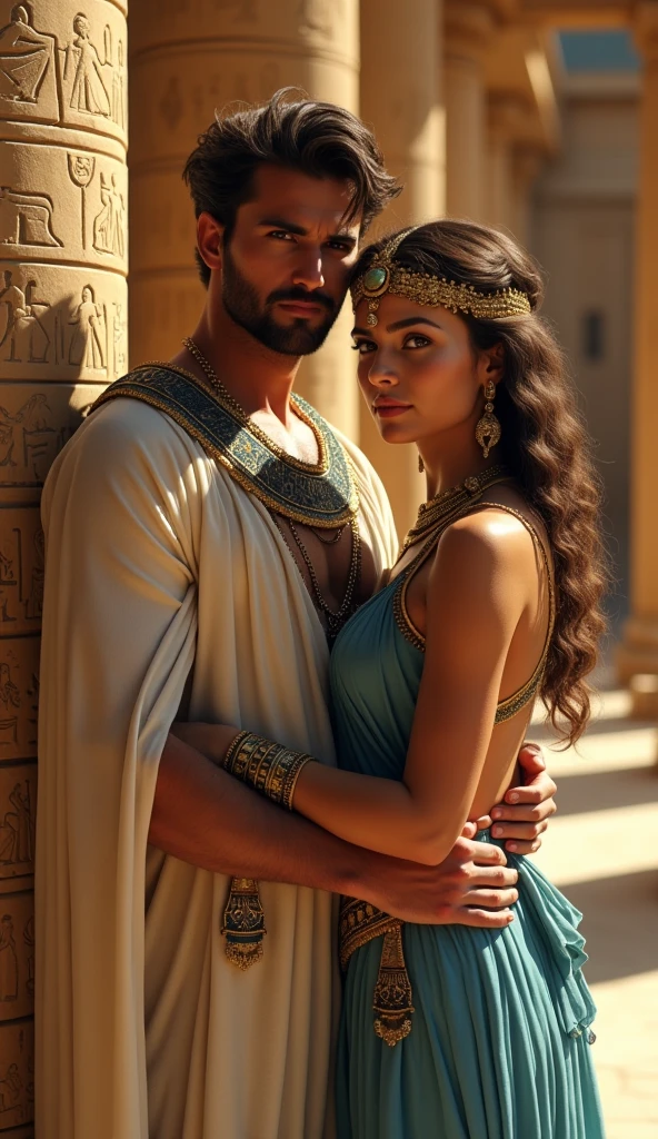 Front view , Full-body, standing pose, hug each other,  in a ancient Egyptian palace , looking at viewer,  noon ,((1 man and 1 girl is existence )), (1 man and 1 girl couple is  love ), (1man name is  Antonius ,  a male is  41 years old, handsome),( wave perm , brown hair , serious), normal body,  ((An ancient Roman emperor wearing traditional imperial attire, Including a toga praetexta with blue borders, Laurel wreath)),  (1 woman name is  Cleopatra queen 7 of Egypt),(18 age-old),　(light brown hair, wince, half-closed Brown eyes, beautiful lip, serious), (Egyptian gold crown with gold sneak , earrings, gold neckless), (big breasts, slender whist, wide hip), (light blue Egyptian clothes , White wear, skirt:1.5), (Textured skin , HI Detail Skin, (Shorthand, Canon, 8k, Anatomically correct, Super Detail, Attention to detail, Your Highness)