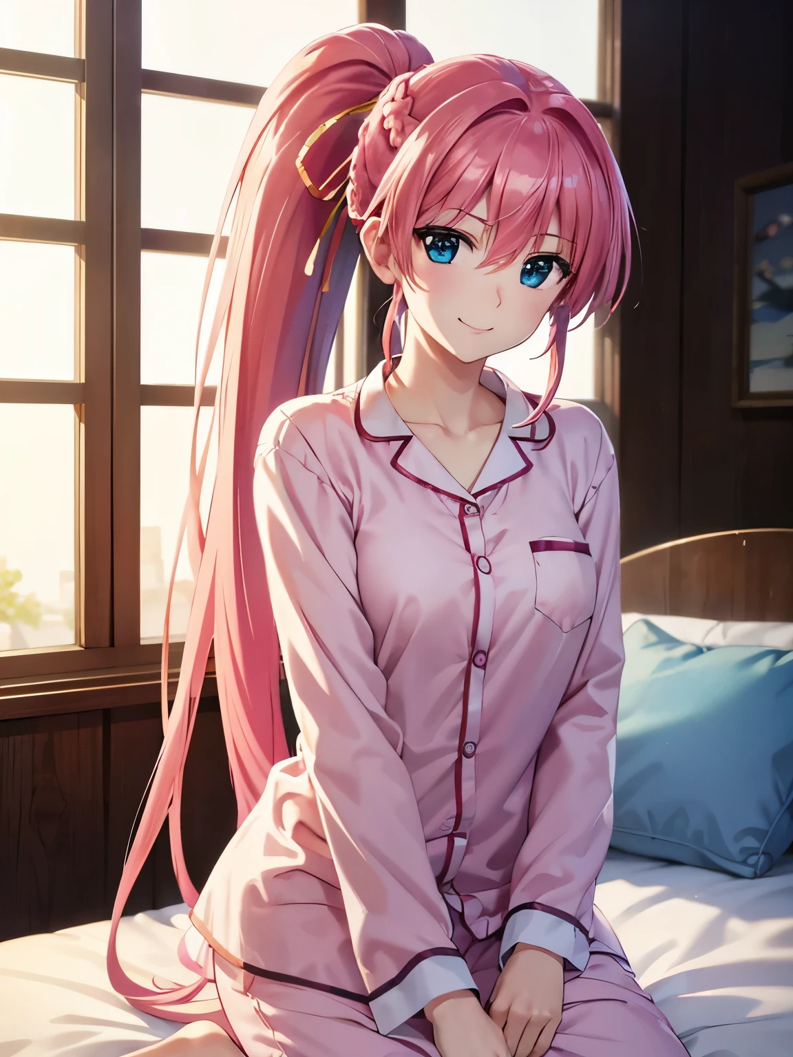 Highest quality、(Anime illustration style),Otome、Shooting from the front、High resolution、Bedroom、Bed、Signum、Pink long hair、ponytail、Beautiful pink hair、Beautiful and alluring sky blue eyes、smile、Very detailedな顔、Closed Mouth、smile、Pink pajamas、In light blue pajamas、1 person、Beautiful Eyes, Sharp pupils, Sharp focus, (Very detailed, bloom, Shine)、(Genuine、Realistic、Realistic:1.2)、High resolution、超High resolution、Ultra-fine painting、Cowboy Shot