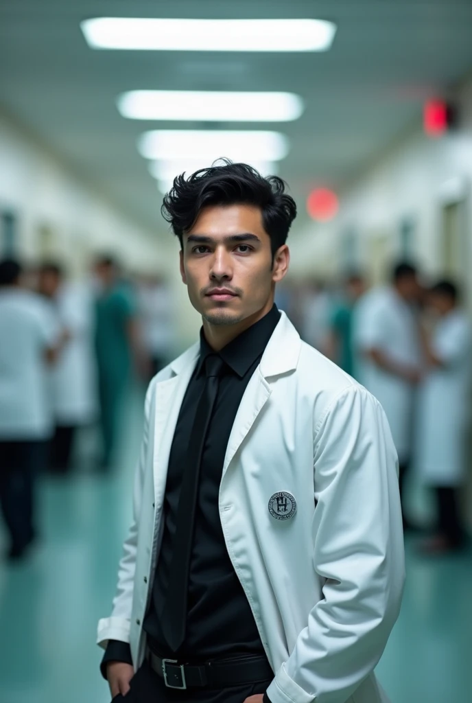 male 25 years old. black and wavy hair. Round face, Defined chin and upturned nose. black eyes. Formal black clothes and a doctor's coat