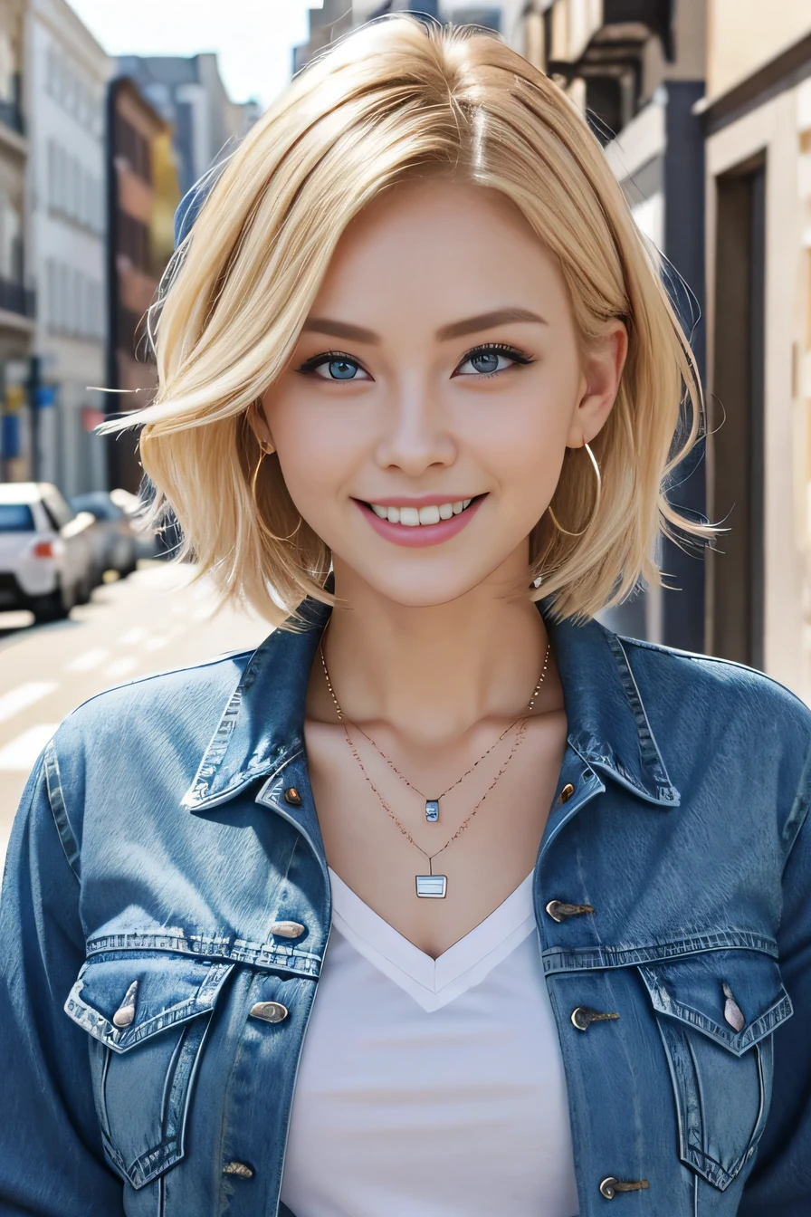 Super Resolution、Beautiful Caucasian Woman、、short hair、Blonde Hair、blue eyes、、ear piercing、necklace、Denim jacket、shirt、smile、Beautiful teeth alignment、The background is the street, task progress 70%%