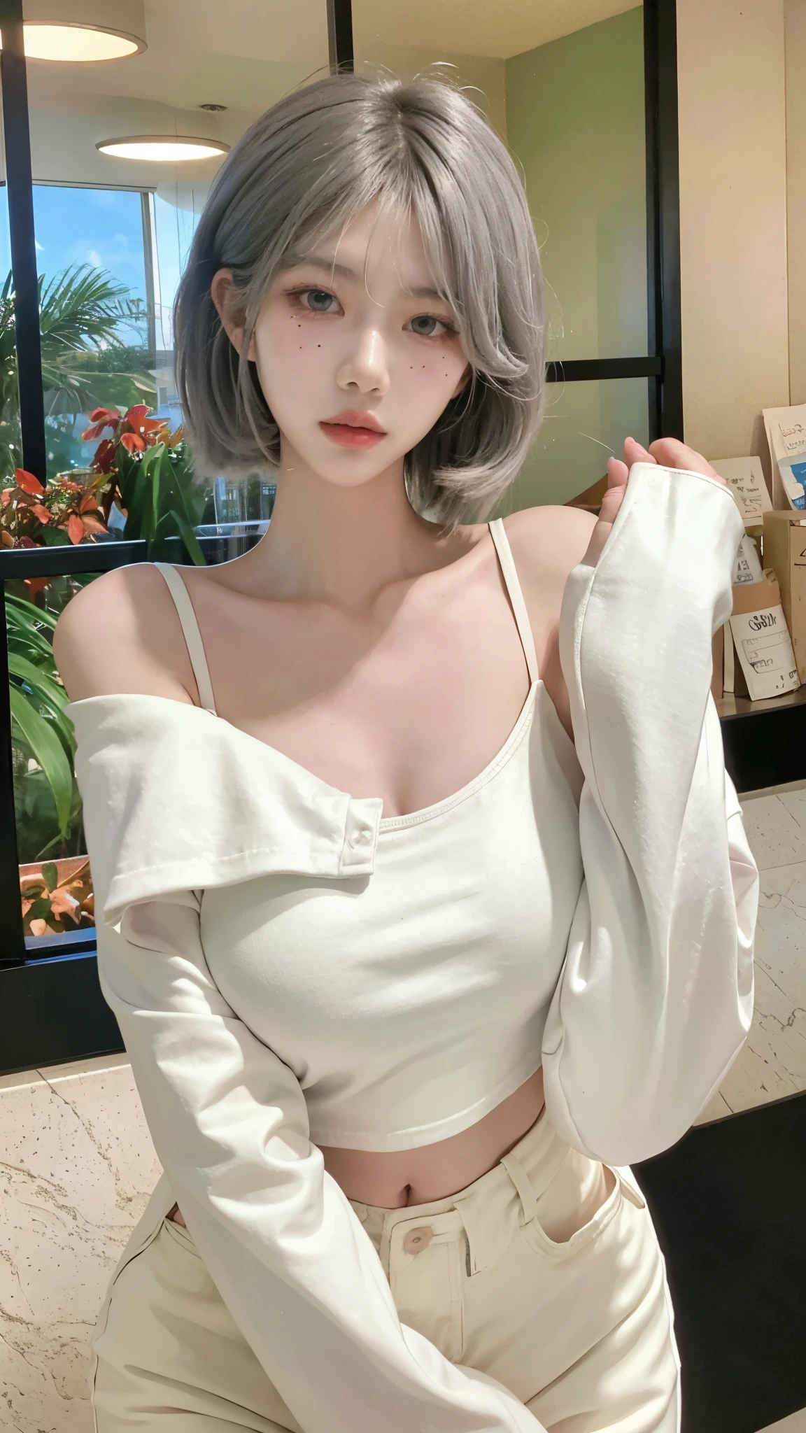 Beautiful woman with perfect figure:1.4、Supermarket background，、Big breasts big breasts，Touching butt with both hands、Layered Hairstyle、Fair skin、Cleavage highlights、Pleated Skirt、whole body、The face and skin texture are very fine.、black，Double eyelids、Skin Whitening、White hair