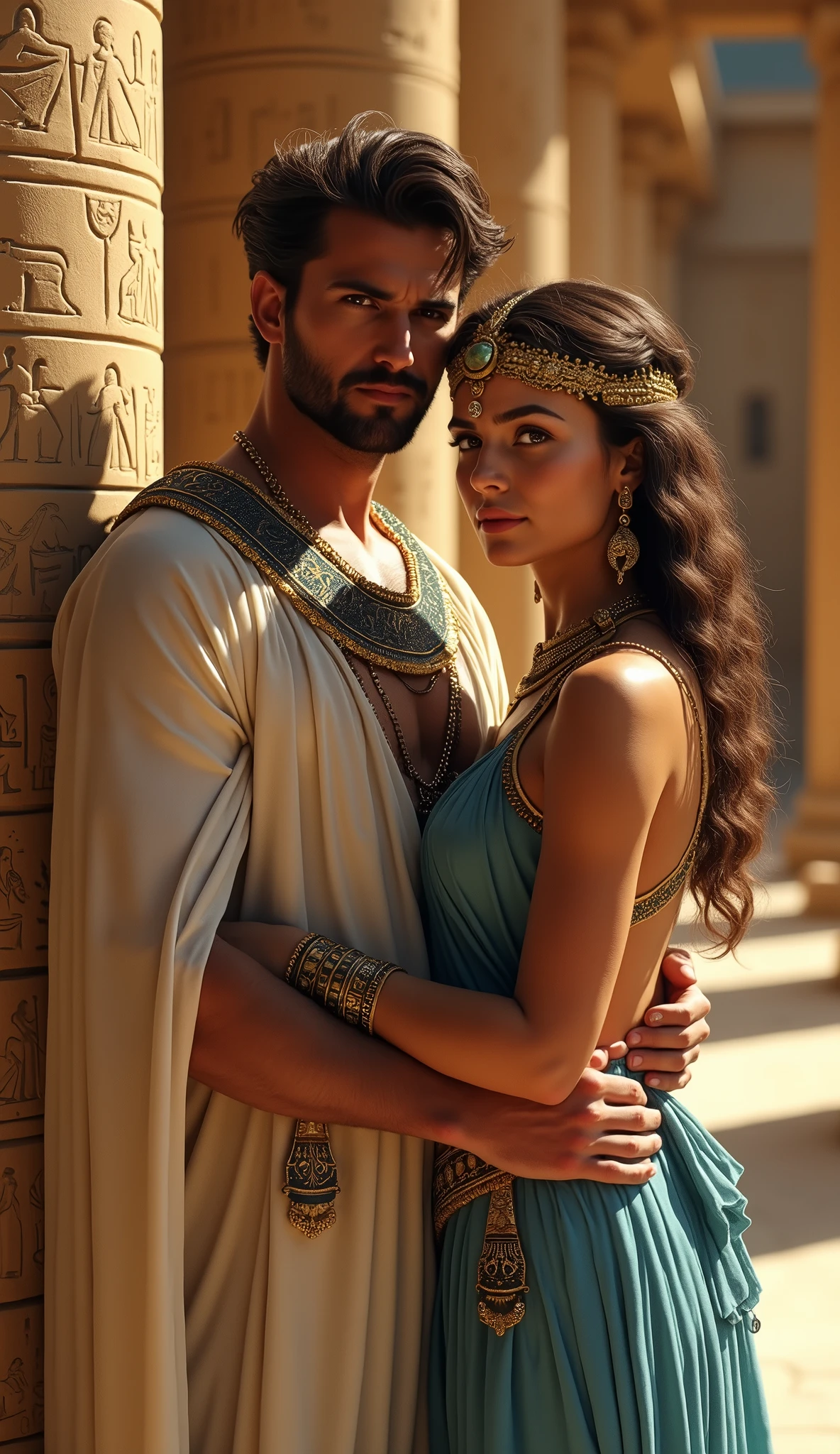 Front view , Full-body, standing pose, hug each other, in a ancient Egyptian palace , looking at viewer, noon ,((1 man and 1 girl is existence )), (1 man and 1 girl couple is love ), (1man name is Antonius , a male is 41 years old, handsome),( wave perm , brown hair , serious), normal body, ((An ancient Roman emperor wearing traditional imperial attire, Including a toga praetexta with blue borders, Laurel wreath)), (1 woman name is Cleopatra queen 7 of Egypt),(18 age-old), (light brown hair, wince, half-closed Brown eyes, beautiful lip, serious), (Egyptian gold crown with gold sneak , earrings, gold neckless), (big breasts, slender whist, wide hip), (light blue Egyptian clothes , White wear, skirt:1.5), (Textured skin , HI Detail Skin, (Shorthand, Canon, 8k, Anatomically correct, Super Detail, Attention to detail, Your Highness)