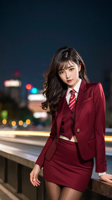 Highest quality,Ultra HD,8k,(Beautiful 25 year old Asian hit woman), (Wolf cut black hair), (White skin), (Serious face), Red skirt suit 1.5, (((Three-piece suit))), (((Dress shirt))), (((tie))), blazer,(Thigh 1.2,Glamorous Body), (((Red suit jacket))), Black shiny lapel, (((Bodycon mini skirt))), Tight Skirt, tights, pantyhose, Cufflinks, (Night city background), View from the front, Well-groomed and beautiful face 1.2, Dynamic pose, Ambient Lighting, Photographic realism, Intricate facial details, Exquisite handcrafted details, Very detailed, Vibrant colors, Cinematic, High resolution, Trending Styles Raw on Artstation, , Excited,