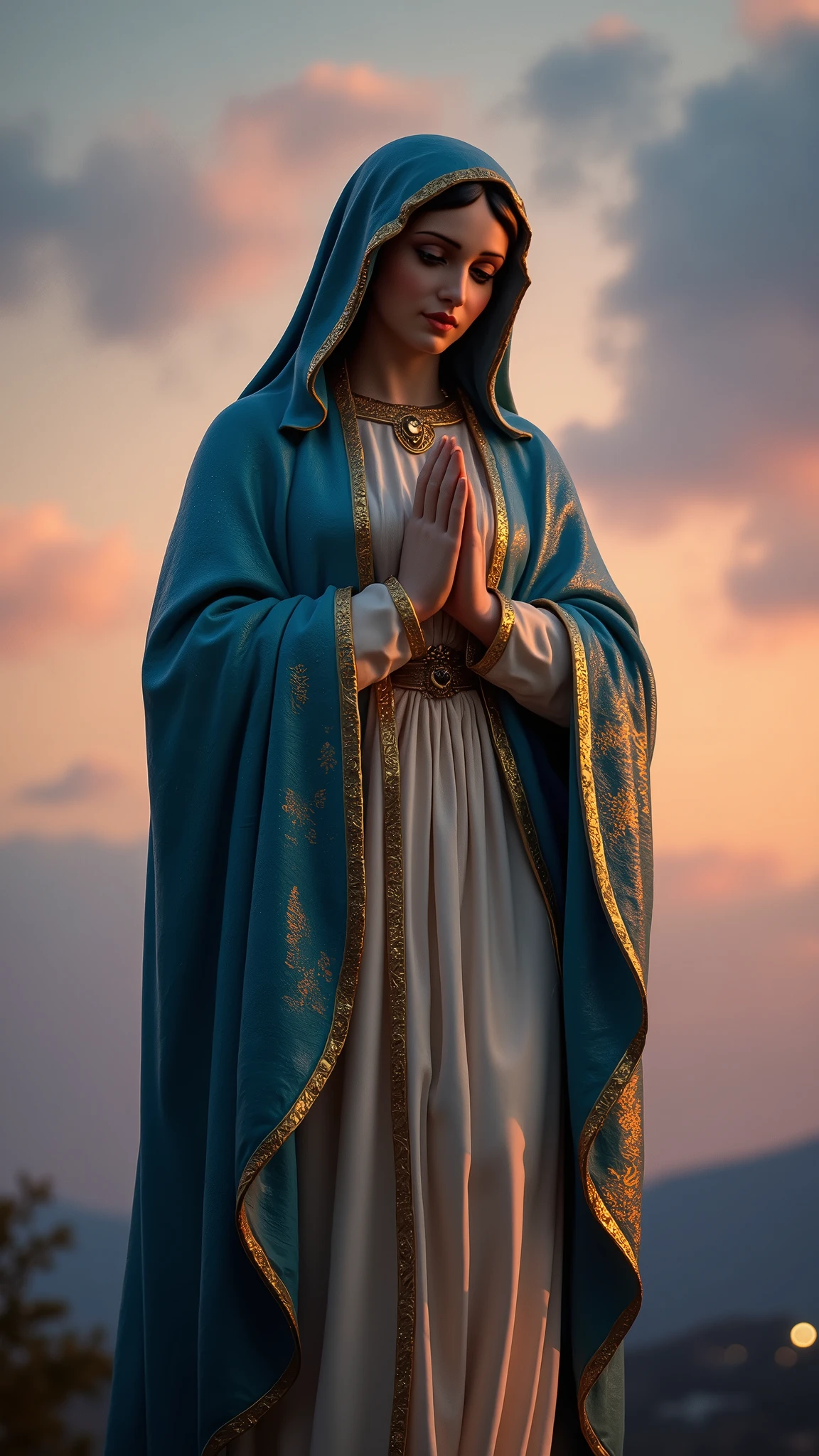 Create an ultra-realistic picture of the Holy Virgin of Guadalupe, serene face, full body, in frontal view, demonstrating tenderness, cinematic, RAW photo, 32k, 