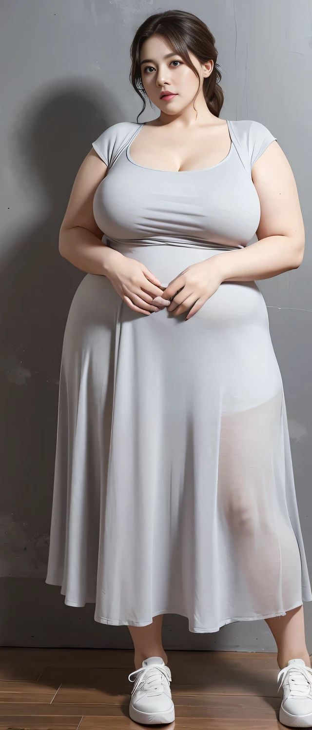 Chubby woman with fat belly and tight thighs, full body, 50-year-old mature woman, thick hips, thick neck, thick chest, big eyes, wearing a longest dress, wearing a sneakers