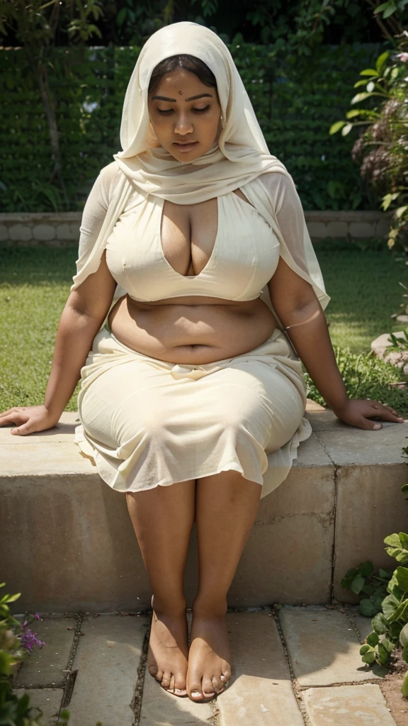 Top view, South Indian women, full body image, sitting in a garden on her knees, looking at viewers, Day scene, A 35 year old beautiful South Indian plus sized woman , cream colour chiffon hijab wearing women in garden, belly button visible, in a suductive expression full body image