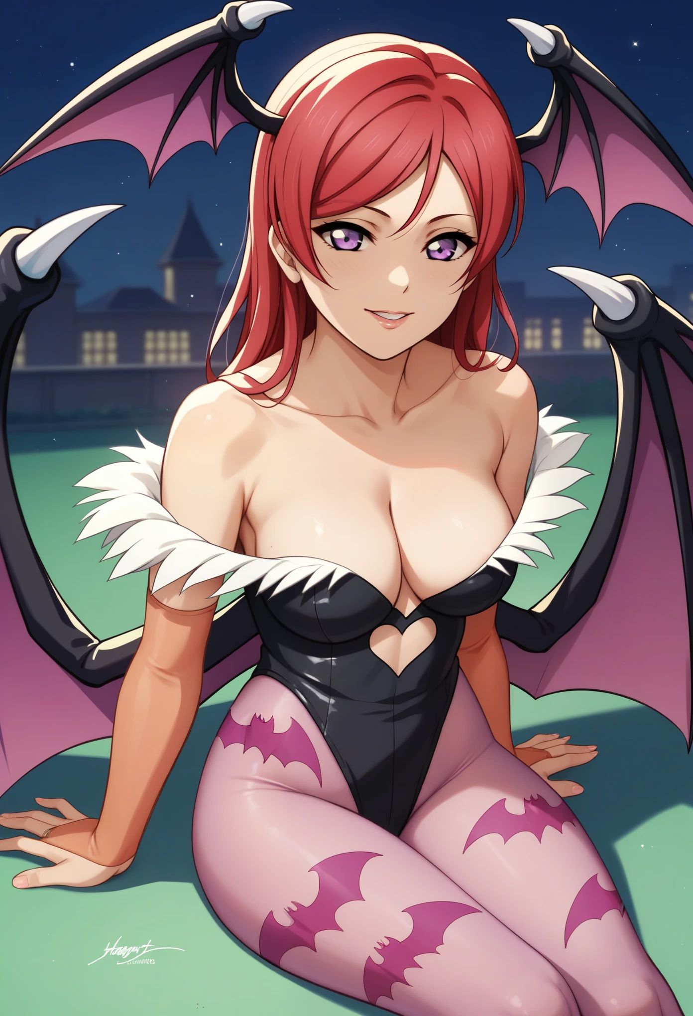 anime,hentait,masterpiece,best quality, anime art, backlight effect, dark night, facing viewer,strapless leotard, thighs, purple eyes , nishikino maki love live,pink see-through elbow gloves,pink see-through pantyhose, rir, sitting on ground, wearing morrigan aensland custom