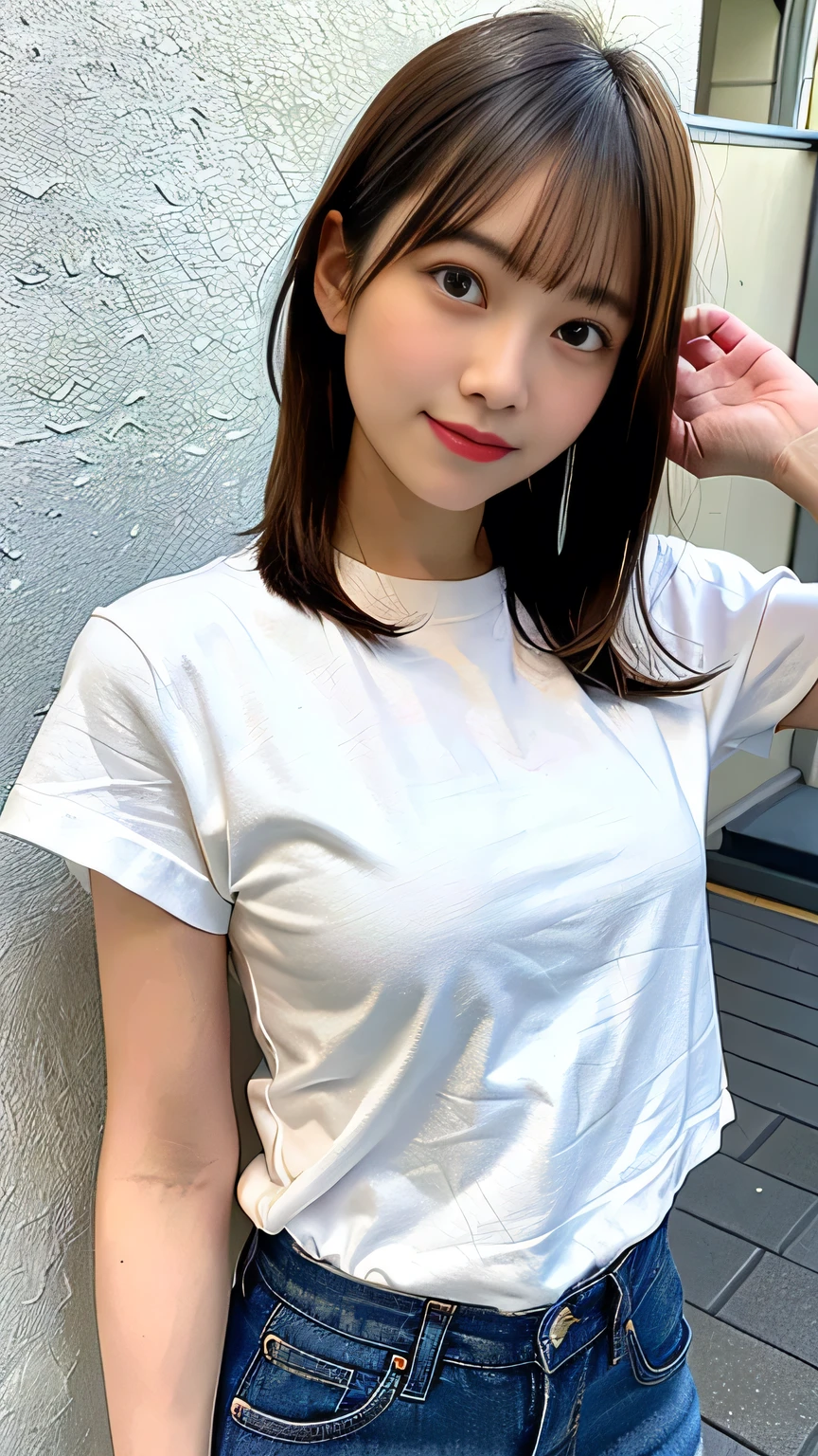 (Highest quality, 8k, 32K, masterpiece, Ultra-high resolution: 1.2), 1 person, Beautiful Japanese Woman, cute,short hair,Tight waist, Distressed jeans, Tight T-shirt that exposes the abdomen, (cuteポーズ: 1.2), Beautiful Face, (Smile at someone you like), Hair blowing in the wind, Beautiful blue sky,Shibabu Park、