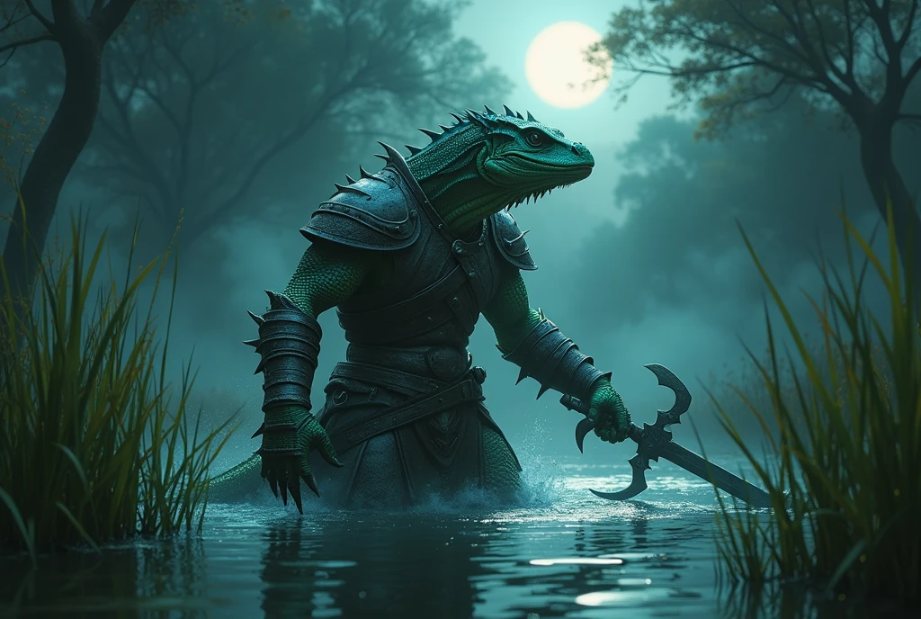 Fantasy, high fantasy, A lizard/frog man with leather Armour and a hooked sword emerges from a pond at night, misty atmosphere