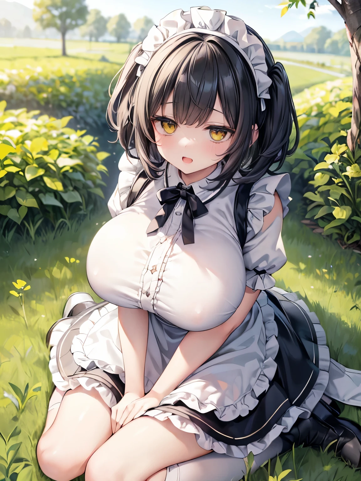 Best Quality,Detailed and cute eyes,Very cute face,(solo ),(gigantic breasts:1.9),(Black Hair,Short Hair,Two Side Up:1.7),(Yellow big eyes,,:1.5),(A very happy smile,Open your mouth wide),View Viewer,BREAK,(Maid clothes,Maid Headdress,Puffy Short Sleeve,Micro Mini Skirt,Frill apron,Frilled High Socks,Maid Cufflinks:1.4),Western-style garden,Hedgerow,,Dynamic Pose,(Sitting on the grass,lean on a tree:1.2)