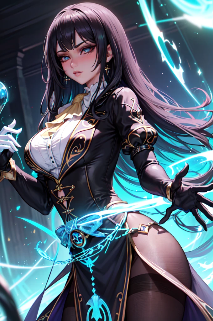 (finely detailed beautiful eyes: 1.2), (detailed  background,ダークファンタジー), (Beautiful Detailed Face), High contrast, (Best Lighting, extremely delicate and beautiful), ((cinematic light)), colourful, Hyperdetail, dramatic light, intricate details, (gloves, hairsbetweeneyes, jewelry, male focus, earrings, coat, ascot white ascot), swirling black light around the character, depth of field,black light particles,(broken glass), ((1girl, black hair, women, Large Breasts, blushing, makeup, eyes liner))