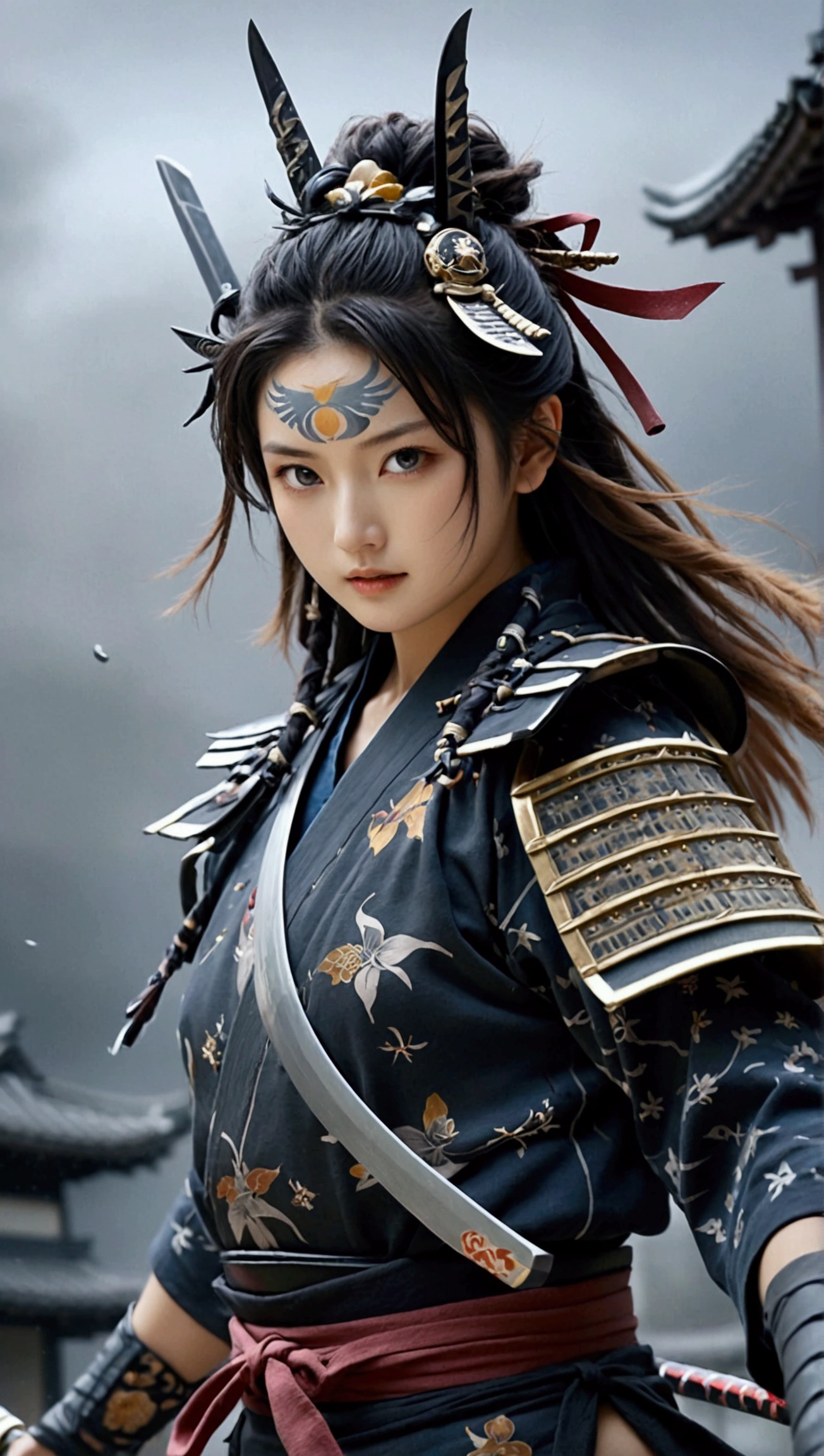 (Japanese sword &reference;Muramasa 2&reference;.2)Beautiful 27 year old woman、Japanese women、Tie your hair back、Hair ornament artist、Shinobi Costume、Warrior、Clear Eyes、{Arm tattoo(SakuraFubuki}'Back Tattoo、Warrior、(Japanese swordを両手で構える、1.3)(Japanese sword1.2)Intermediate position、In front of the body、(Holding a sword horizontally 1.3)、whole body、Long Blade Sword、Realistic battle scenes、敵Warriorの返りBlood、Blood、High resolution、Highest quality、Very detailed、8k、background、The castle is burning、Sparks fly、