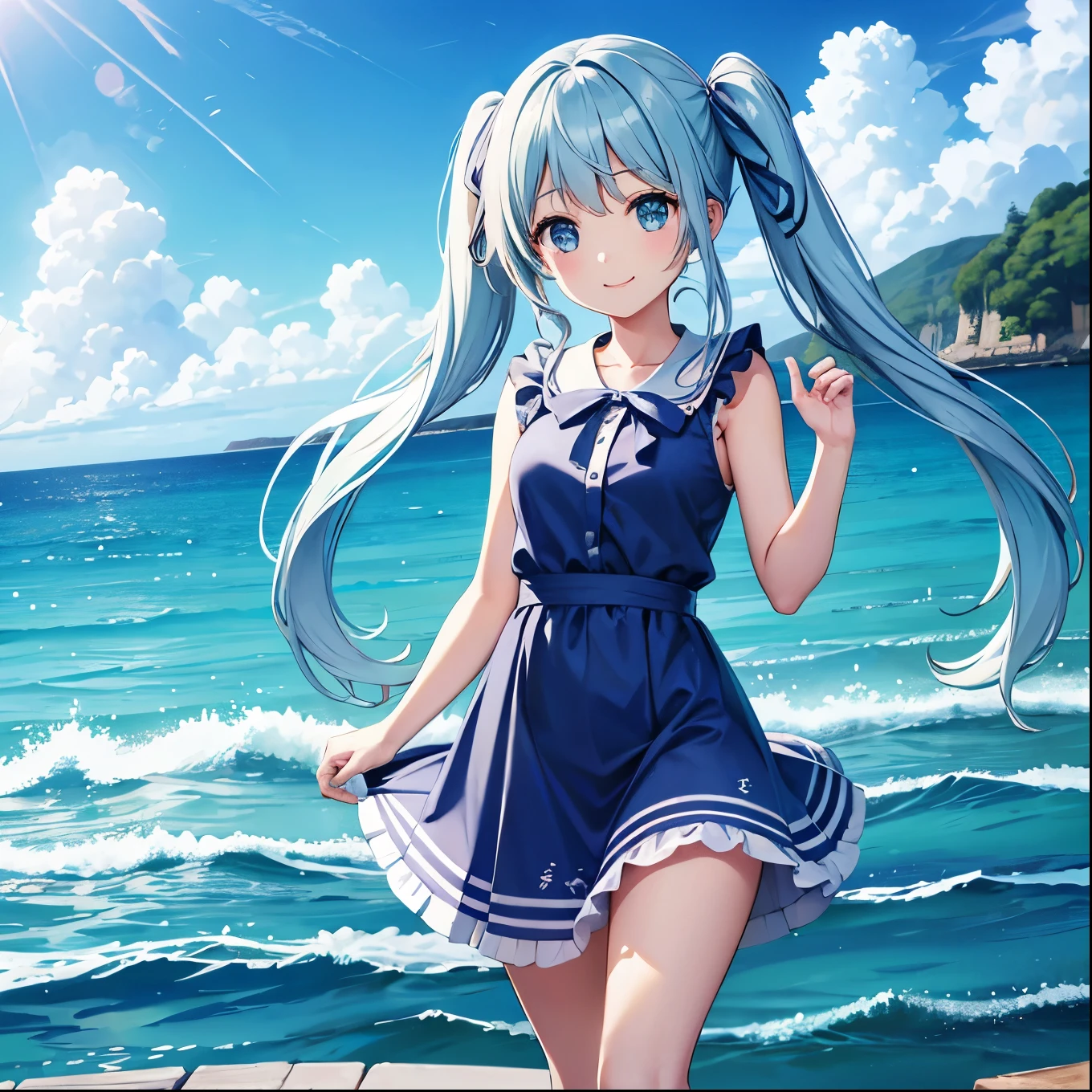 Large crossing、Enoden runs、Light blue long hair、Beautiful girl with twin tails、blue sky、beautiful sea、Smiling Girl、