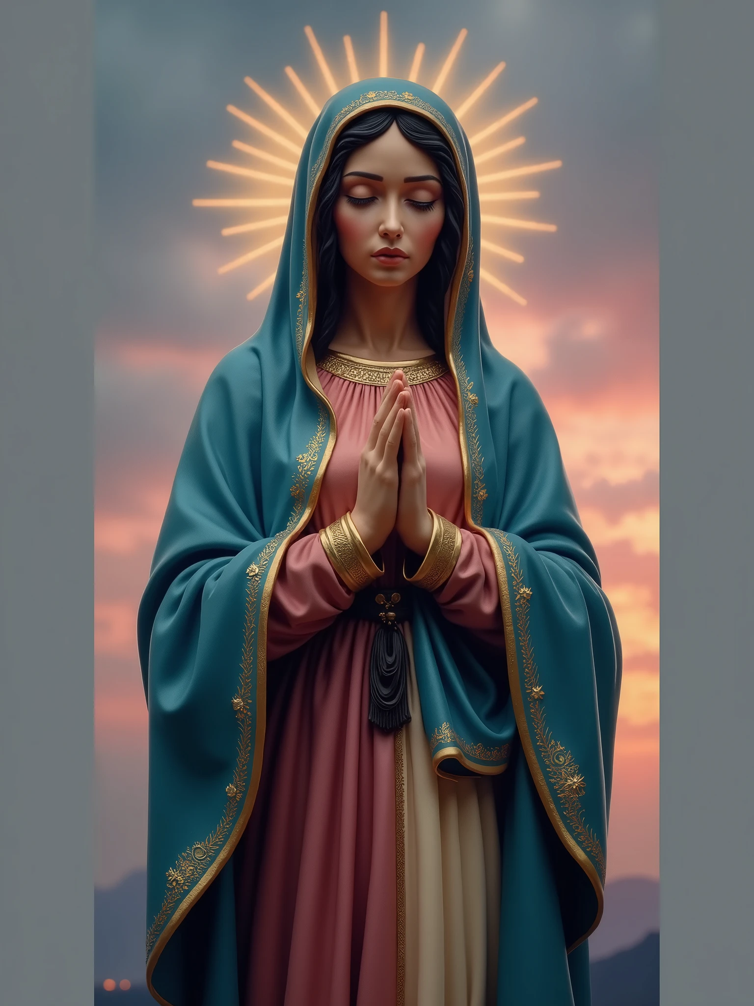 Create an ultra-realistic picture of the Holy Virgin of Guadalupe, serene face, full body, in frontal view, demonstrating tenderness, cinematic, RAW photo, 32k,