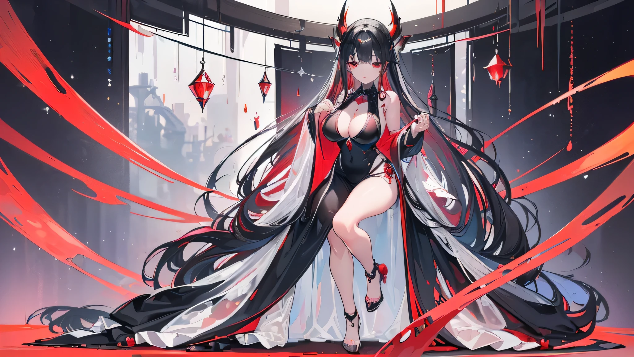Exquisite eyes),(Clear and beautiful eyes:1.61),masterpiece, ung girl,(Black clothes and some red gems), Black long hair, (She has a huge red gem on her chest), Good Hand,((The Havoc of StarCraft)),full-body shot,Fighting Stance,(Red Eyes:1.466),short and small,(Very big breasts:1.35),(Pretty Face),(full-body shot:1.33),Beautiful hands