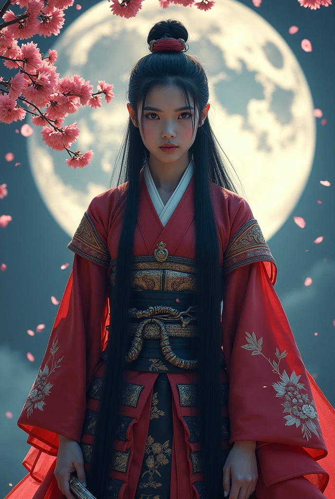 a beautiful samurai, porcelain skin, long black hair, with a serious, intense expression, ornate Japanese traditional samurai's clothes, highly detailed clothes, (holding Japanese sword),Harrison Fisher and Catrin Welz-Stein art style, vivid colors, highly detailed, full body portrait, cinematic moon lighting, cherry blossom background, dramatic pose, elegant, graceful, regal, intricate details, masterpiece, photorealistic, 8k, best quality,(looking at viewer:1.5)