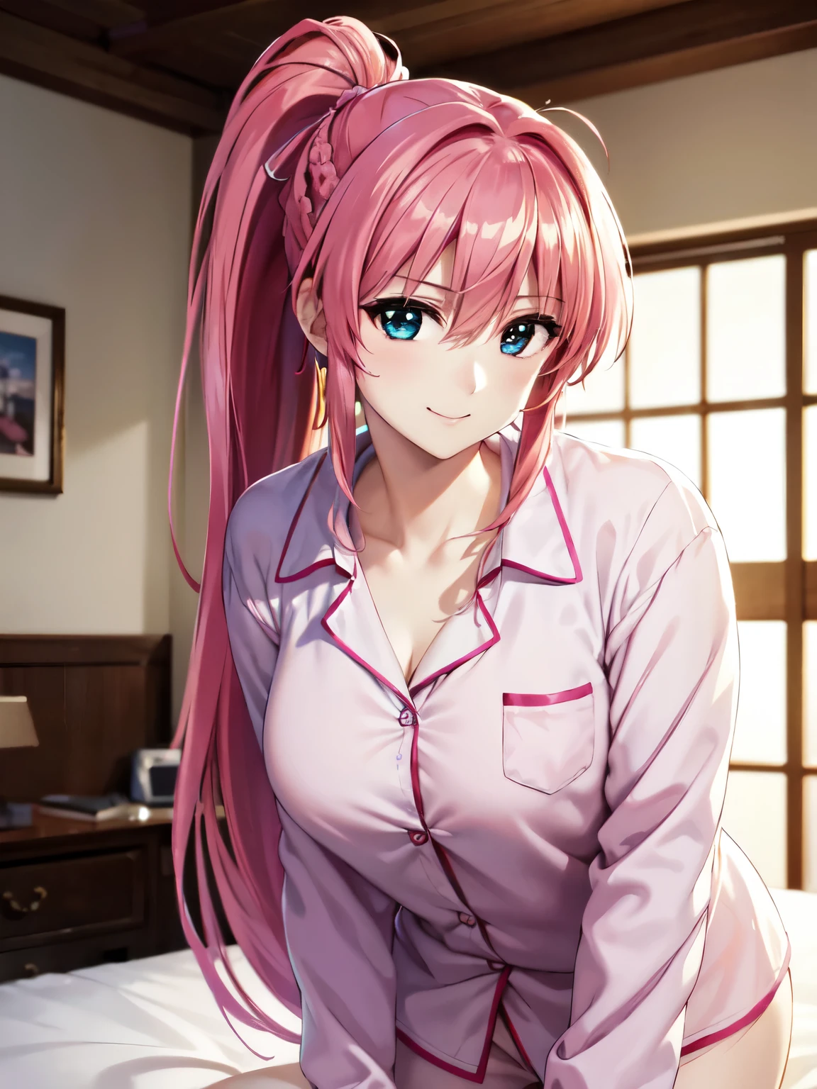 Highest quality、(Anime illustration style),Otome、Shooting from the front、High resolution、Standing、Bedroom、Bed、Signum、Pink long hair、ponytail、Beautiful pink hair、Beautiful and alluring sky blue eyes、smile、Very detailedな顔、Closed Mouth、smile、Pink pajamas、In light blue pajamas、1 person、Beautiful Eyes, Sharp pupils, Sharp focus, (Very detailed, bloom, Shine)、(Genuine、Realistic、Realistic:1.2)、High resolution、超High resolution、Ultra-fine painting、Cowboy Shot、Leaning forward