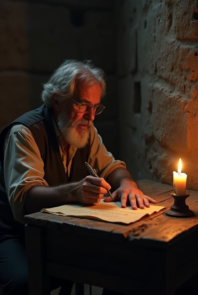 Man in prison writing a letter with a quill and parchment