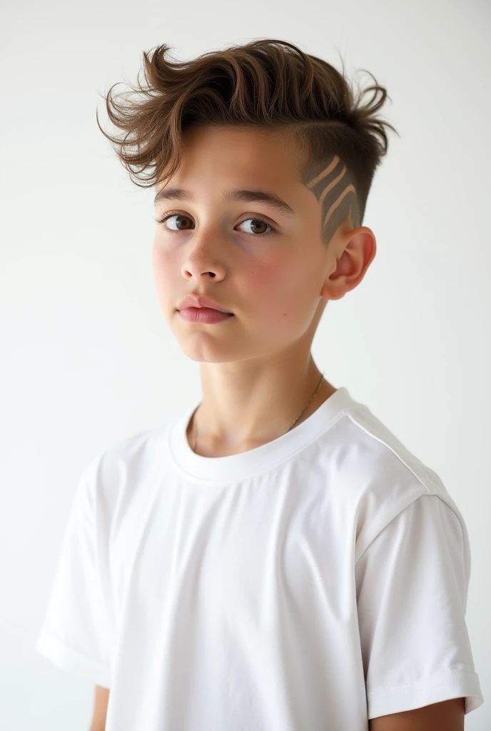 A 18 years boy wear a tshirt white colour  fancy hair background white handsome boy styelist pose  with another side face hair  dizine 