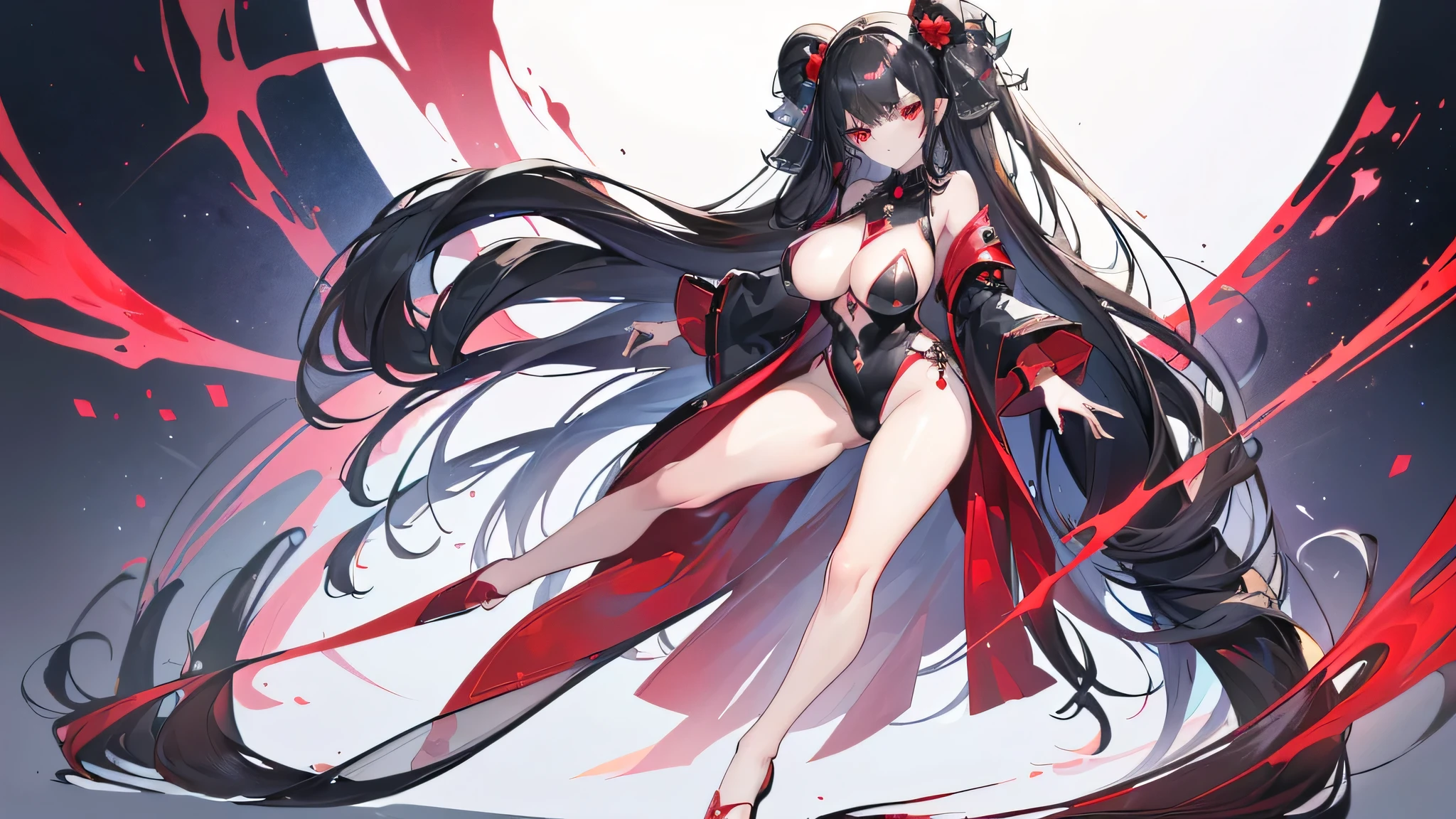 Exquisite eyes),(Clear and beautiful eyes:1.61),masterpiece, ung girl,(Black clothes and some red gems), Black long hair, (She has a huge red gem on her chest), Good Hand,((The Havoc of StarCraft)),full-body shot,Fighting Stance,(Red Eyes:1.466)，short and small,(Very big breasts:1.35),(Pretty Face),(full-body shot:1.33),Beautiful hands