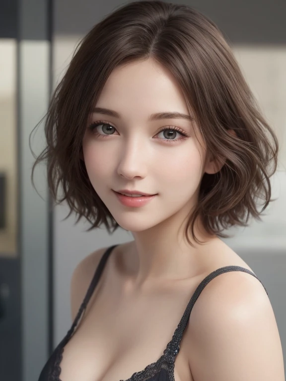 (in 8K、Photorealistic、highest quality: 1.4)、(1 girl)、Beautiful Face、(A vivid face)、(Brown Hair、short hair:1.1)、Beautiful hairstyle、Realistic eyes、Beautiful details、（Realistic Skin）、Beautiful Skin、Wearing see-through knitted underwear、Charm、超A high resolution、Attention to detail、Golden Ratio、Around 20 years old、sexly、The whole body is depressed、Date Style、Huge boobs　Sexly body type、entrance、whole body、Looking at me with a smile