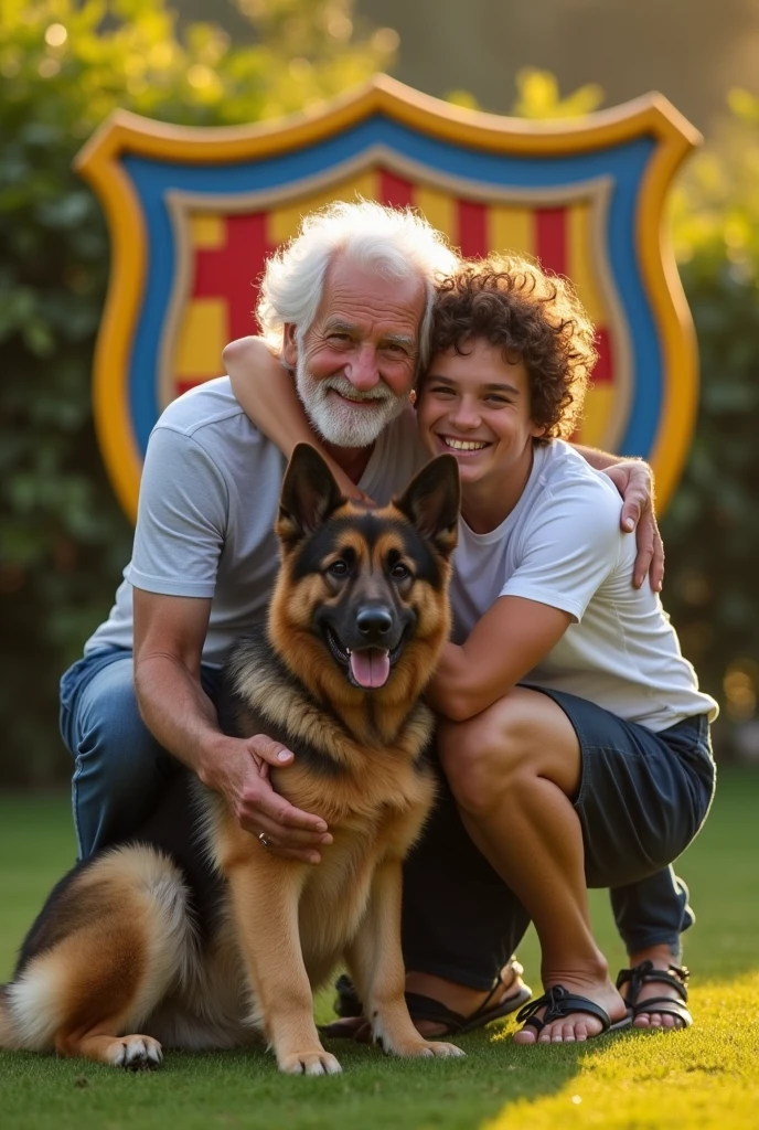 I want a family image with a grandfather hugging his grandson, the grandfather must be about 70 years old, With glasses , Aquiline nose, white hair and slightly tanned skin, the grandson must have brown curly hair, slightly squinted eyes, normal nose and thin lips (He is a 26 year old young man).
The dog accompanying them is a large, adult German Shepherd.. I want a CNF shield to be seen behind them. (National Football Club)