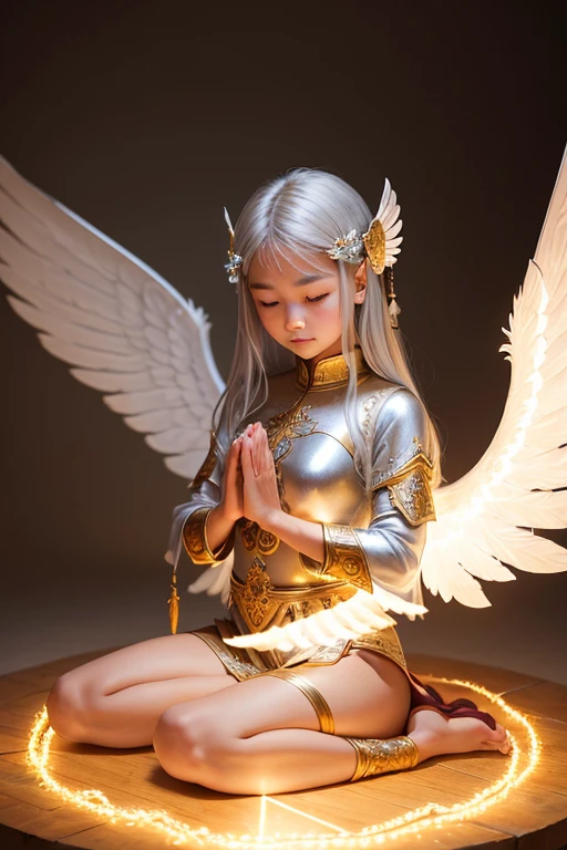 A young 15- yr old native asian girl with lovely charminvg face,( skin texture masterpiece), (perfect full body detailed anatomy), (Super detailed), (meditating ), (glowing bright eyes),(short illuminating silver hair),Wearing transparent costume of an angel,holding a treasure septer & shield, illuminating different lights covers the sorrounding atmosphere Has beautiful large white wings, The character solemnly praying