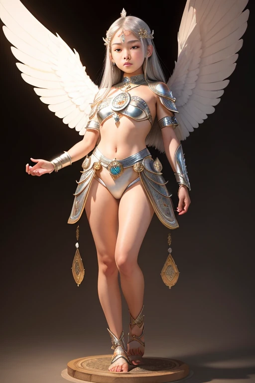 A young 15- yr old native asian girl with lovely charminvg face,( skin texture masterpiece), (perfect full body detailed anatomy), (Super detailed), (meditating ), (glowing bright eyes),(short illuminating silver hair),Wearing transparent costume of an angel,holding a treasure septer & shield, illuminating different lights covers the sorrounding atmosphere Has beautiful large white wings, The character solemnly praying